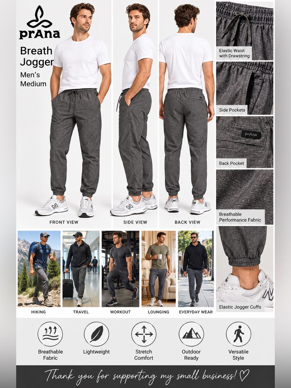 prAna Breath Jogger Pants Men’s Medium Gray Stretch Drawstring Active Outdoor